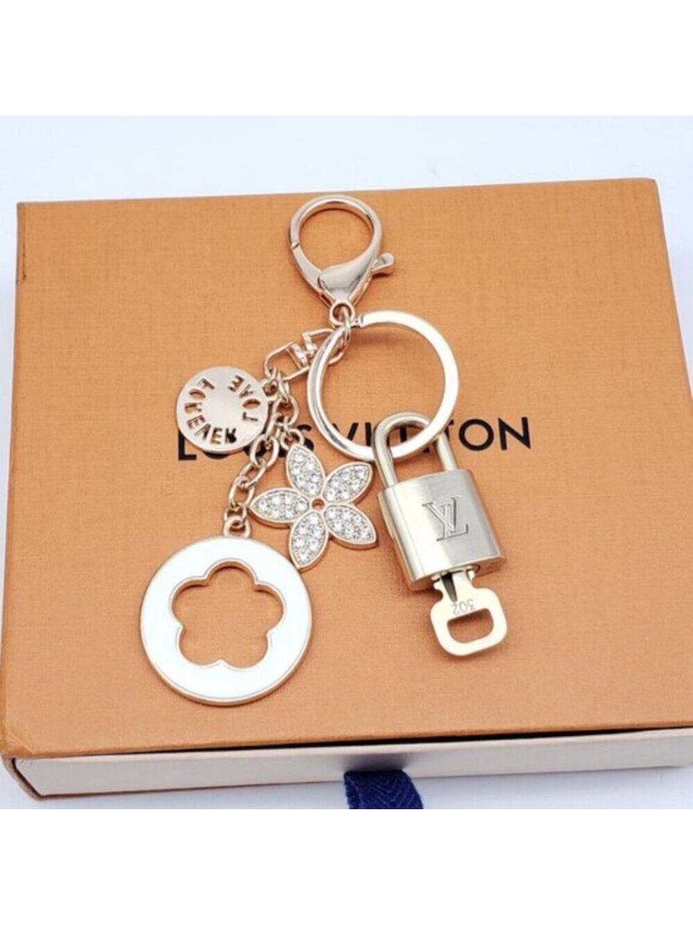 Authentic Louis Vuitton Gold Lock & Box w/ Unbranded Flower Bagcharm 121825 - Picture 7 of 10